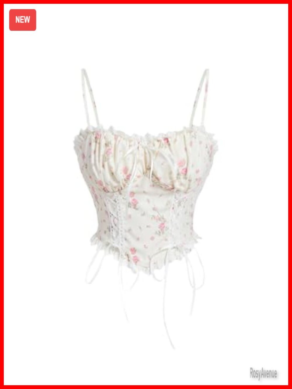 Women's Floral Lace Trim Ruched Cami Top with Lace Up Corset Detail